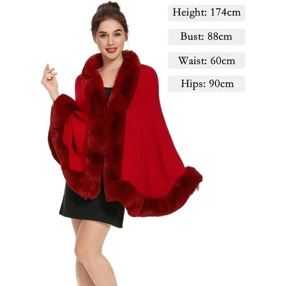 Zlyc Women Winter Faux Fur Shawl Stole Warm Wrap Cape - Red - Picture 2 of 7